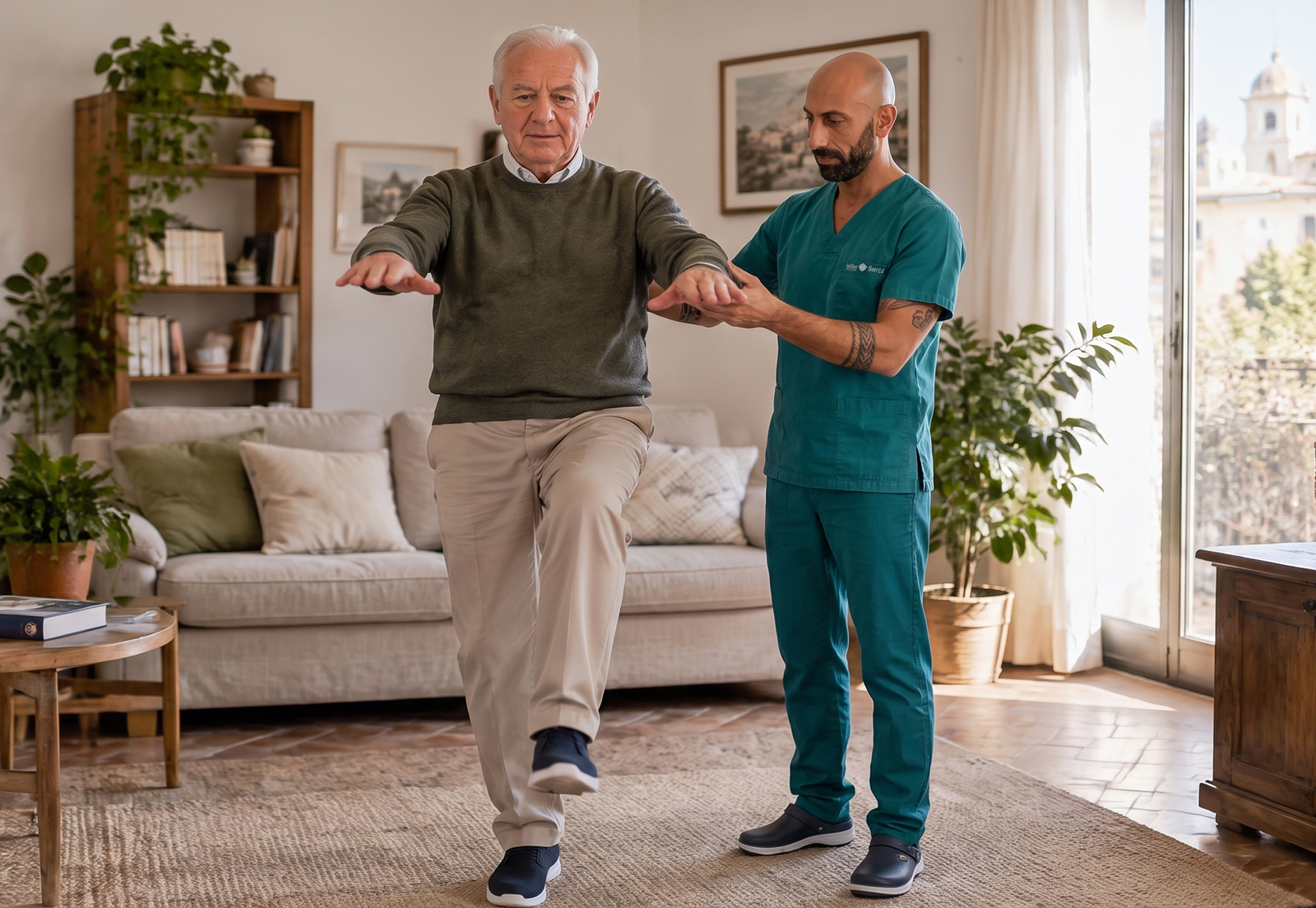 Walter Benzi assiste un paziente durante un esercizio di equilibrio nel soggiorno di casa